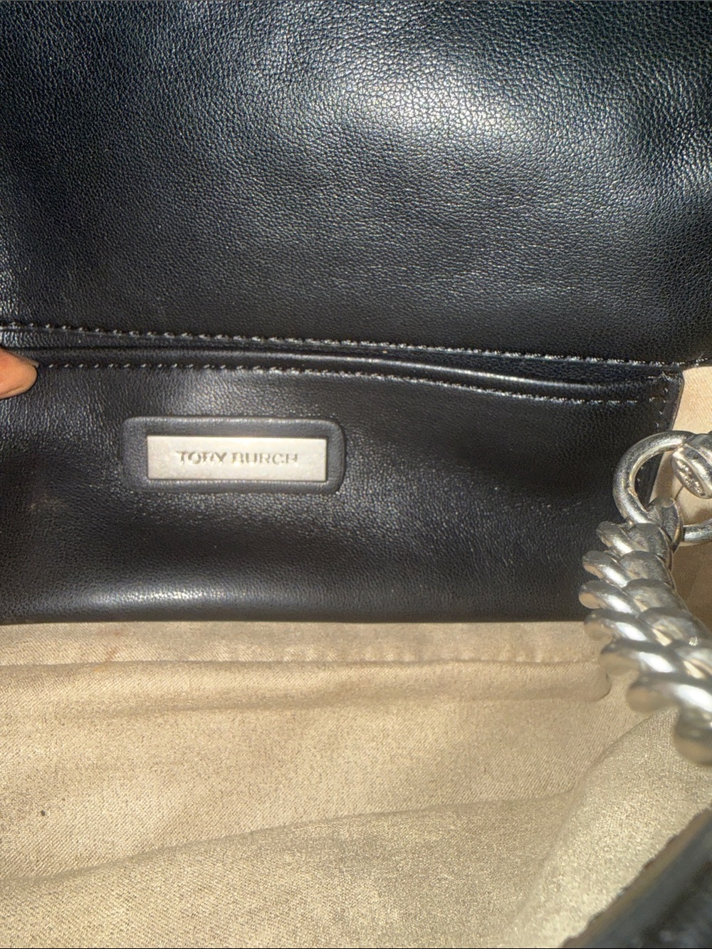 Tory Burch Black Leather Shoulder Bag with Silver Chain Accent